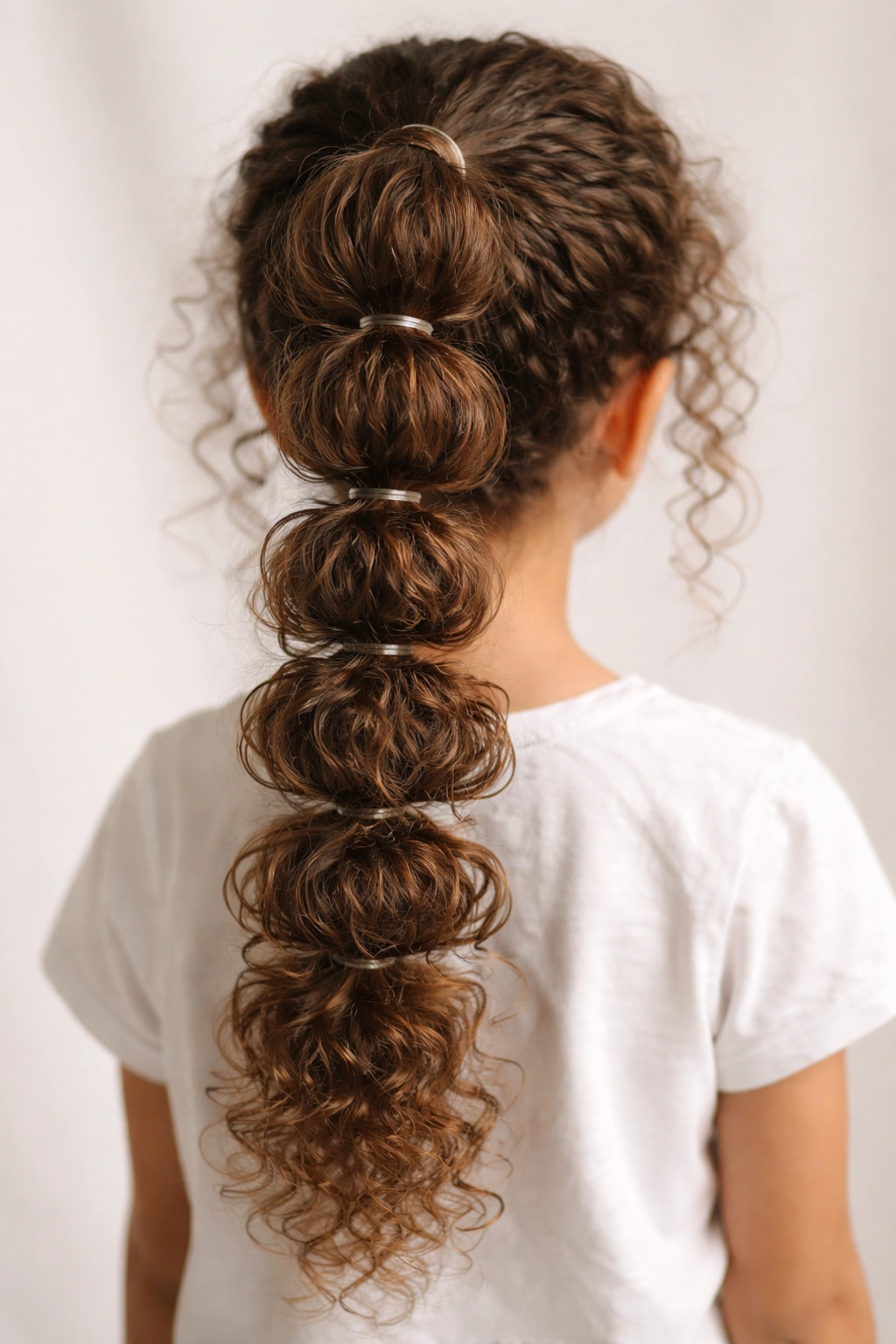 Back view of a curly-haired child showing a bubble braid with elastic segments