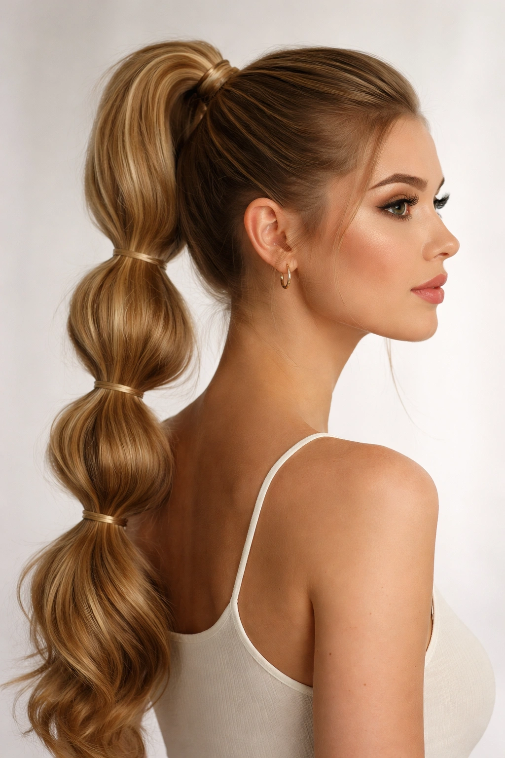 Close-up of a high bubble braid ponytail with evenly spaced bubbles at the crown in studio lighting
