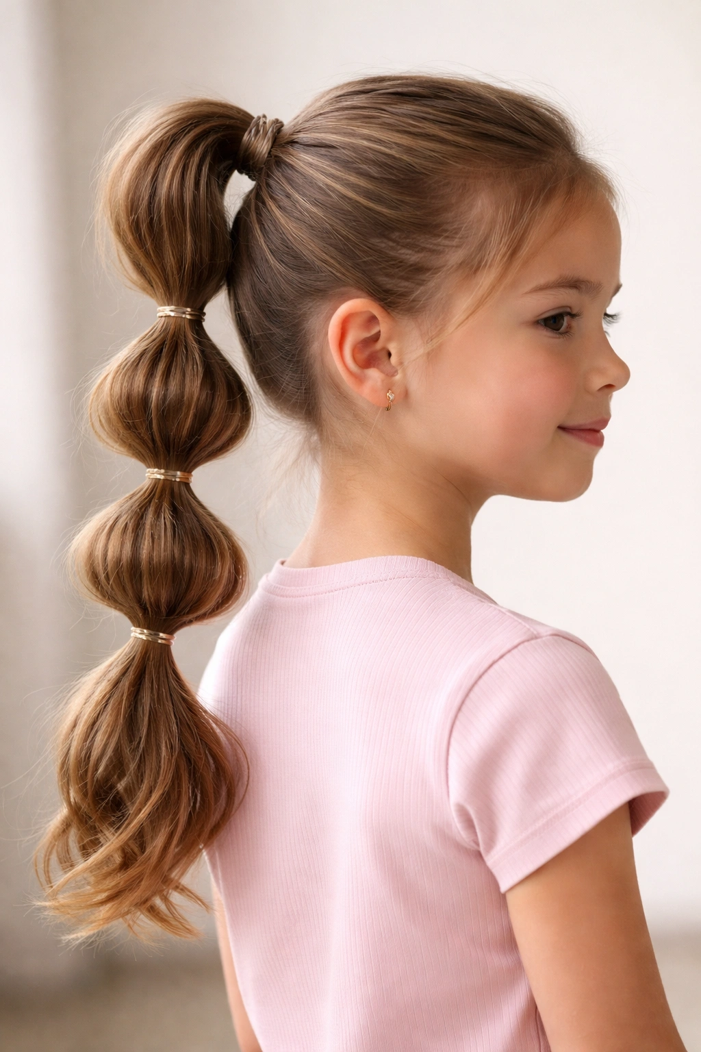 Bubble Braid Ponytail: high ponytail with bubble-shaped elastic segments on a child's hair