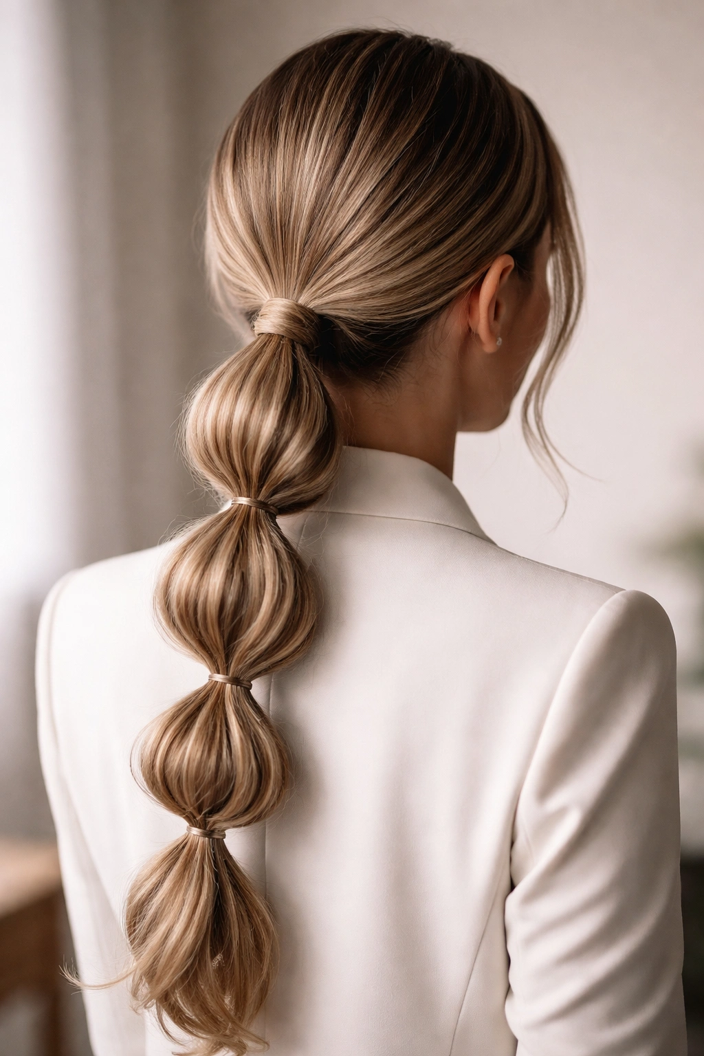 Rear view of a low bubble braid ponytail with elongated bubbles at the nape