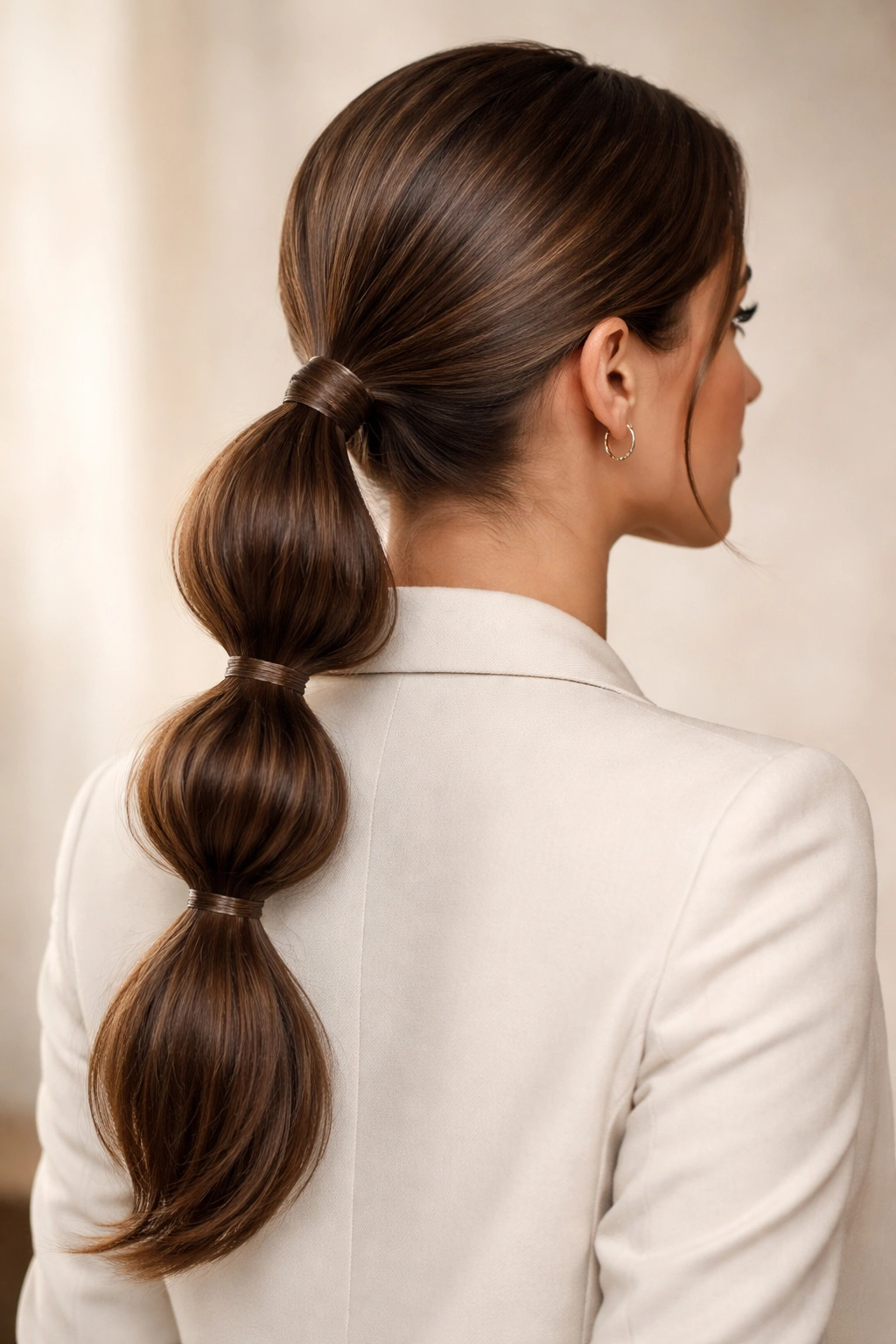 Bubble braid leading to a low ponytail with distinct bubble sections.