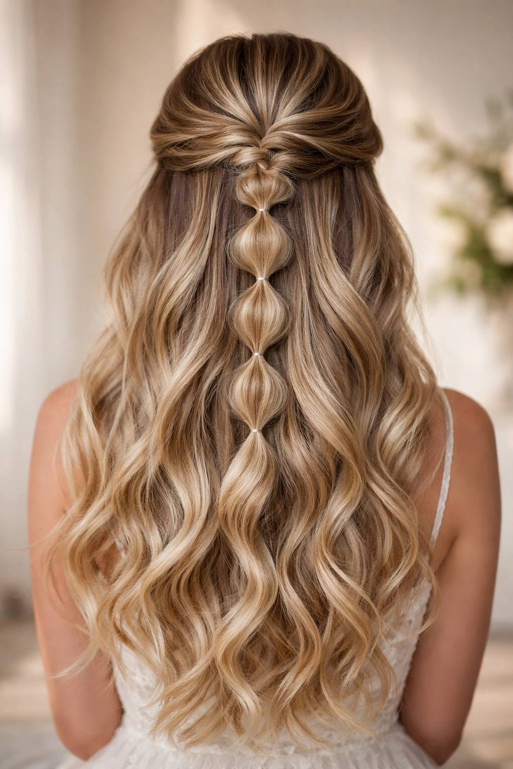 Bubble braid half-up with waves cascading below