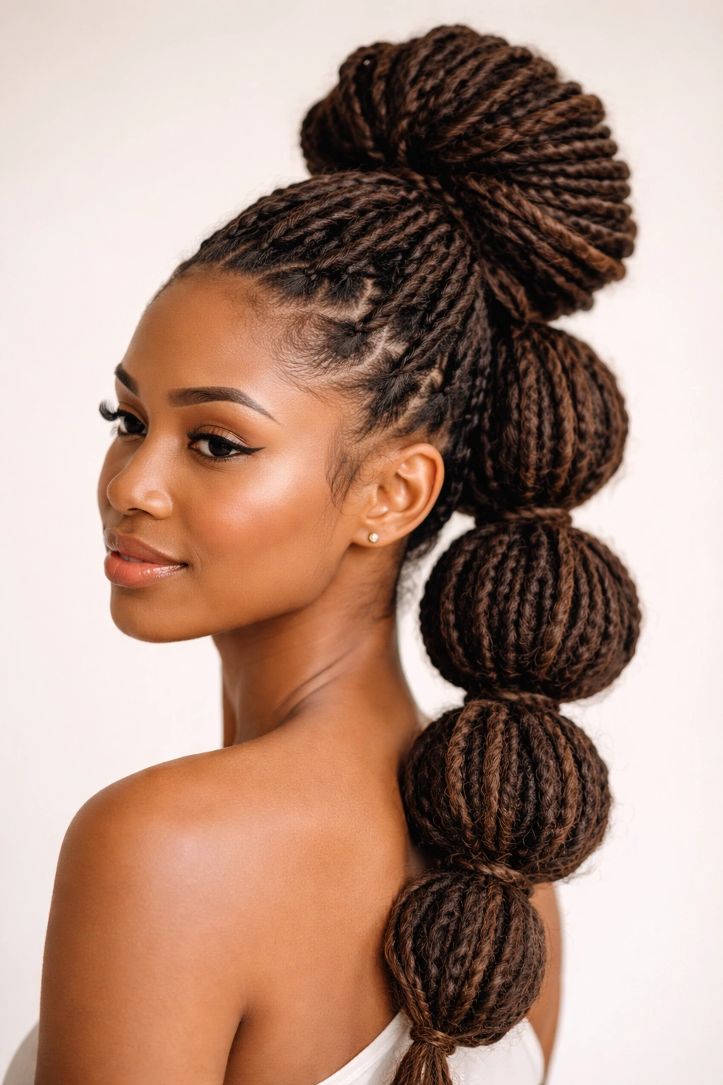 Bubble bun with stacked sections along the ponytail