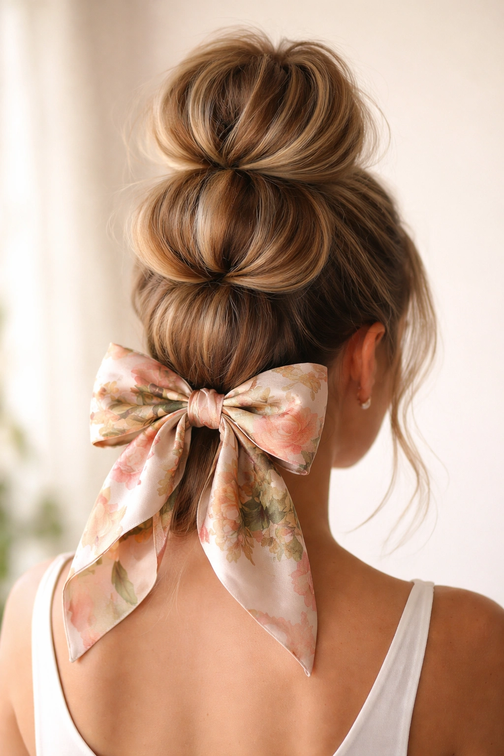High ponytail with stacked bubble buns and silk scarf bow at the base