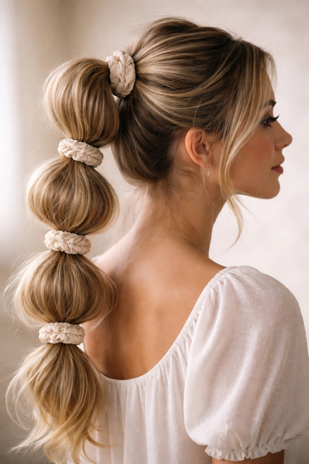 High ponytail with stacked bubbly sections secured by scrunchies.