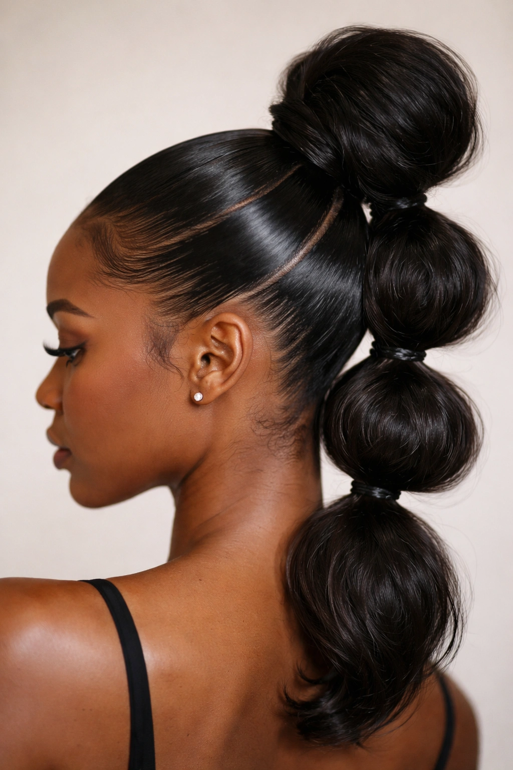Sleek Bubble Bun with Slicked Sections on Black hair, stacked bubbles