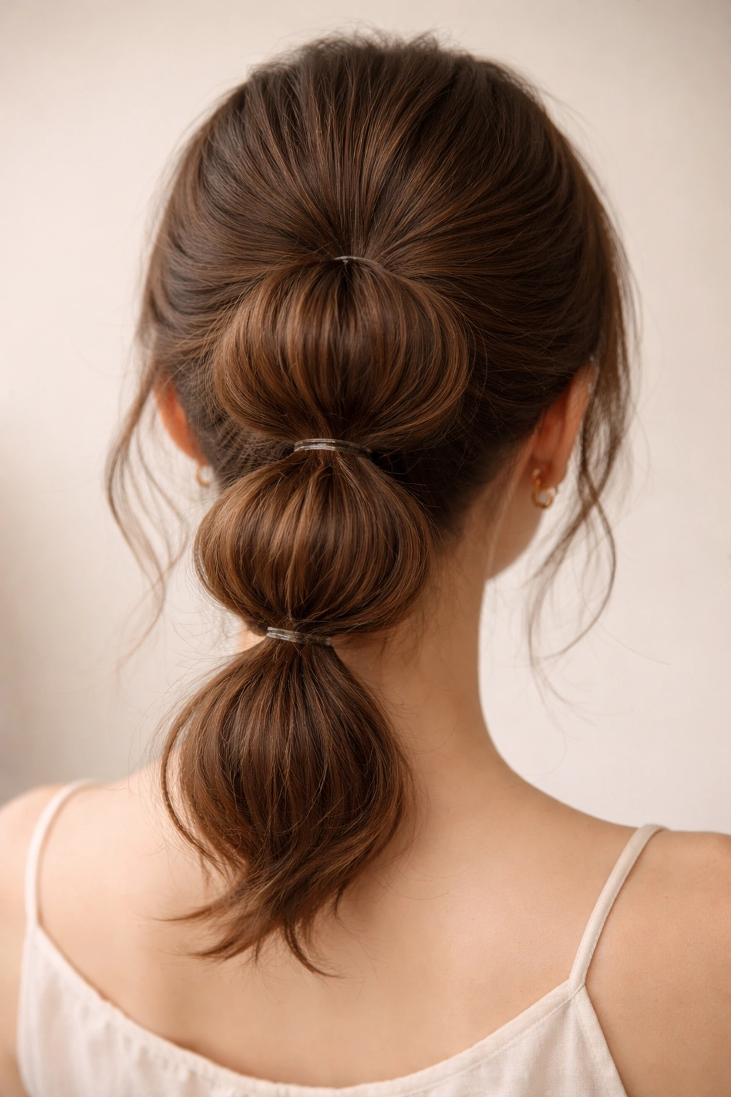 Tucked bubble bun with stacked sections on soft hair