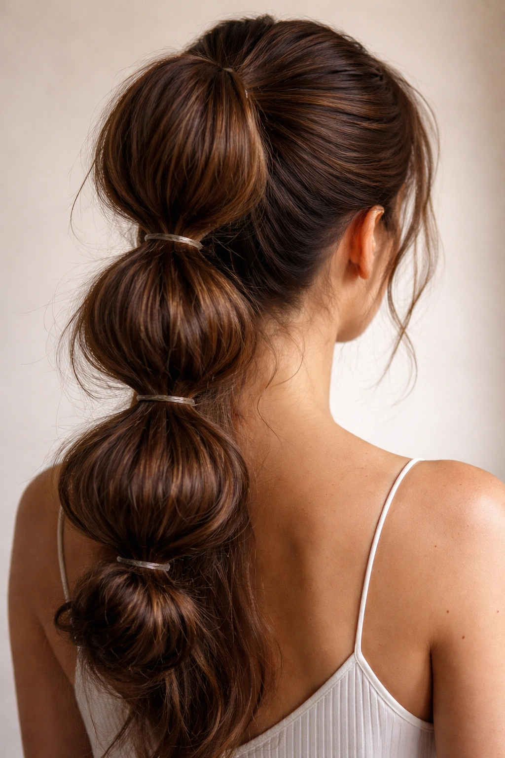 Back view of a high ponytail with multiple stacked bubble segments along the length.