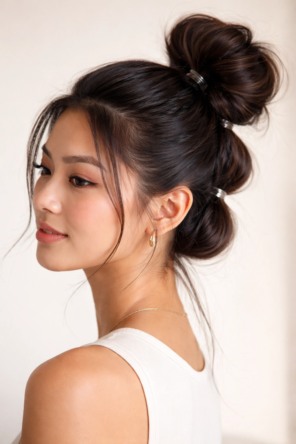 Close-up of bubble bun hairstyle with two defined bubbles along a high ponytail