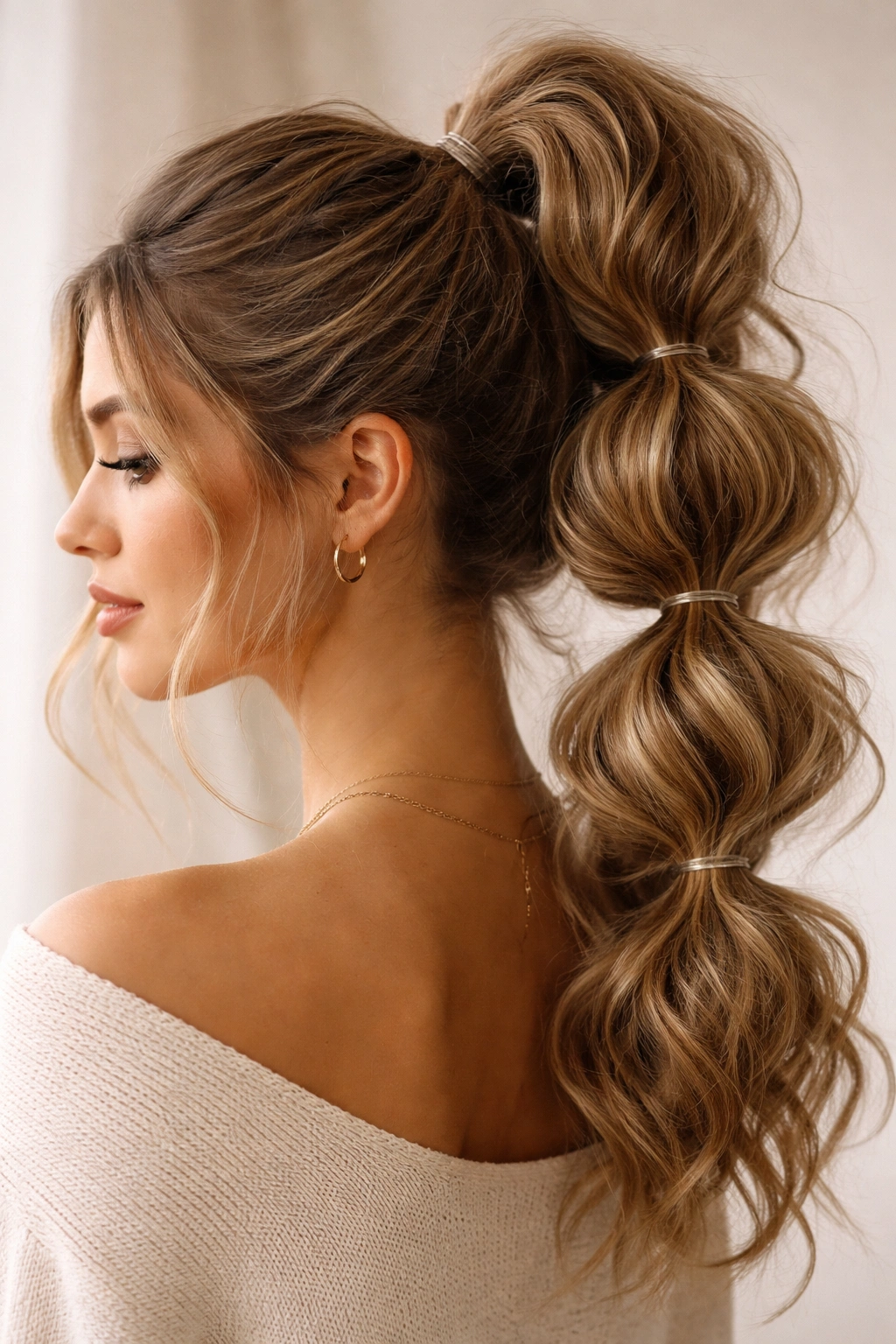 Bubble bun with waves showing multiple bubbles along a high ponytail