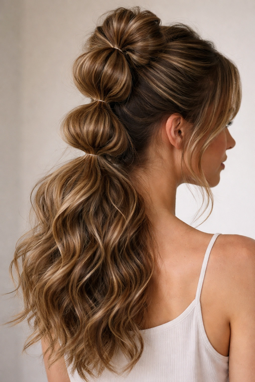 Bubble bun with loose bottom waves and stacked ponytails