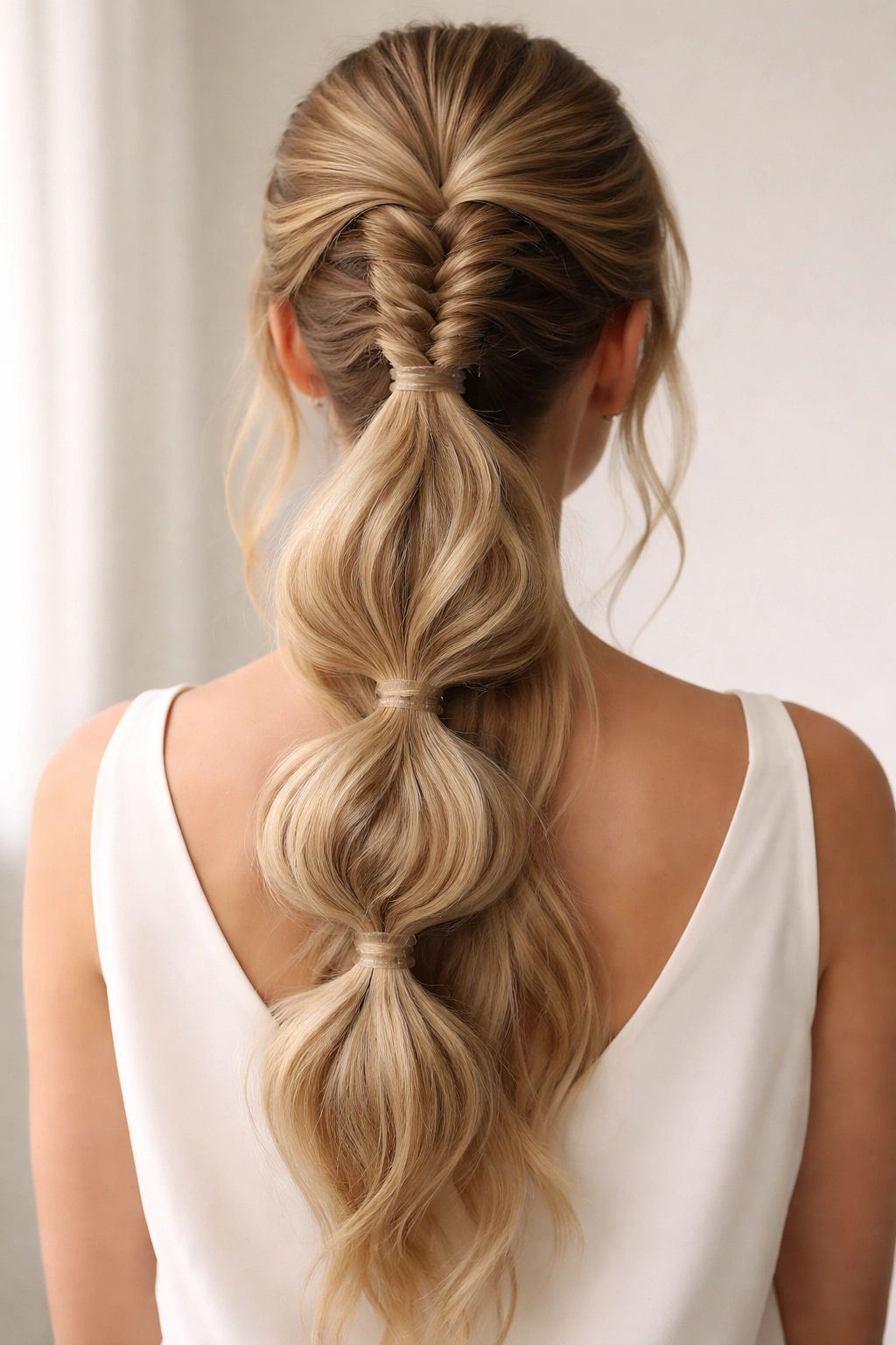 Bubble fishtail ponytail with defined sections and elastic bubbles