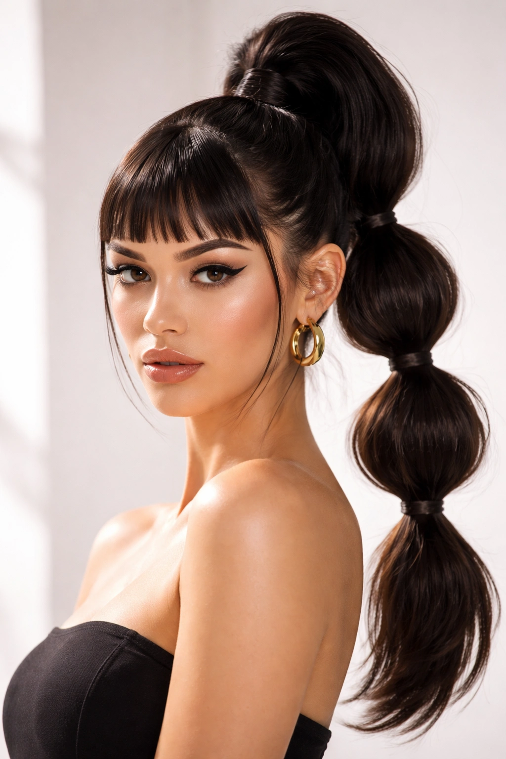 Bubble ponytail with micro bangs