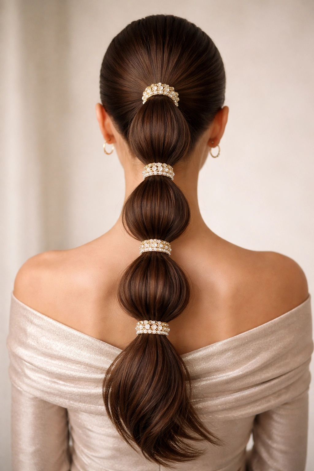Close view of a sleek bubble ponytail with pearl clips and metallic accents on each bubble