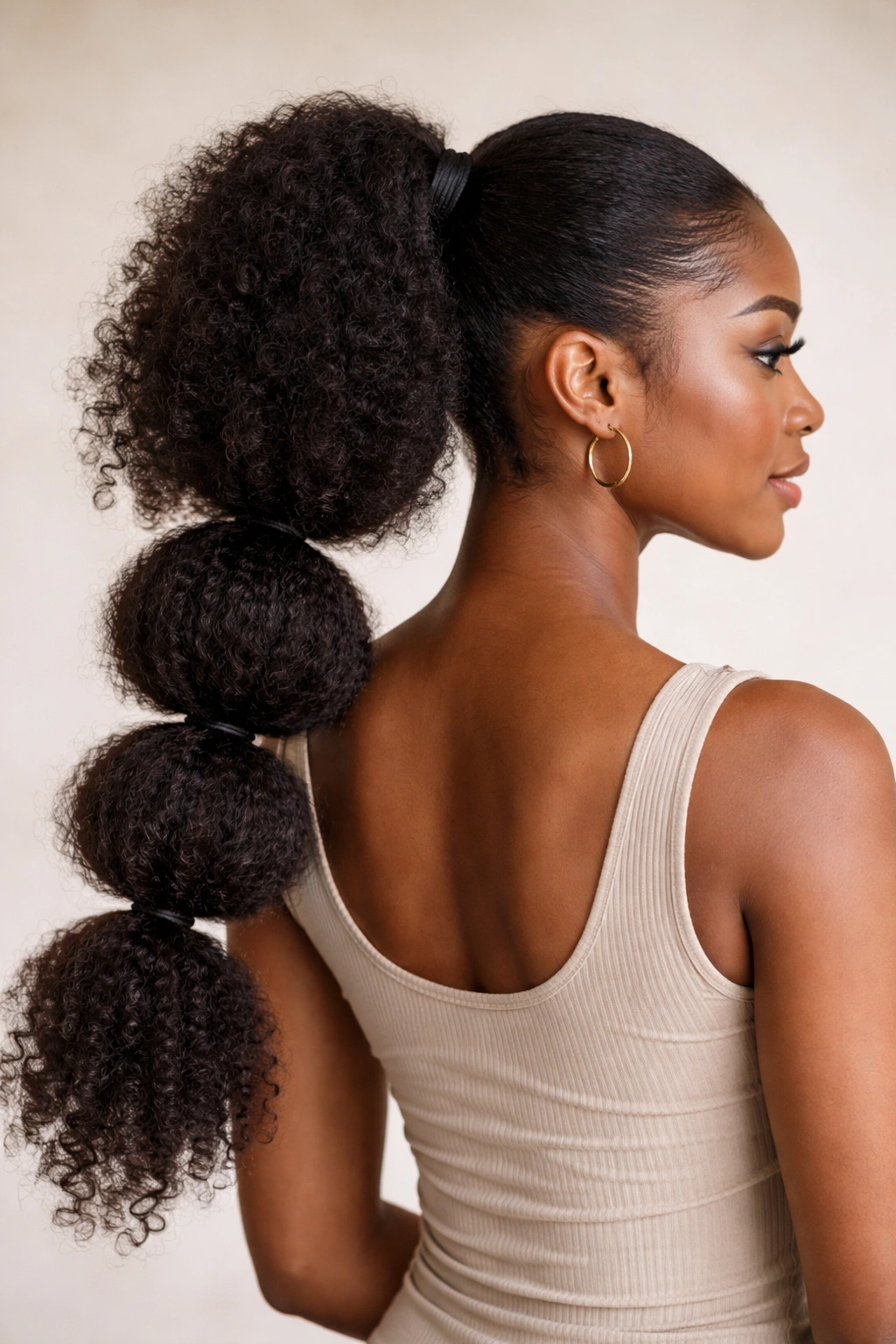Bubble ponytail with multiple elastic segments on afro hair