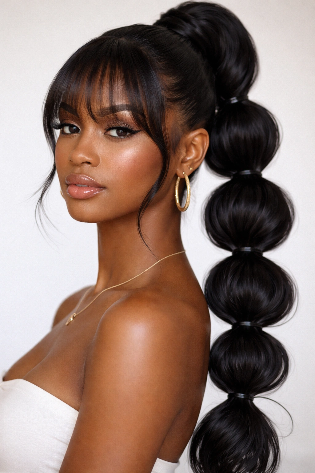 Portrait of Slicked Bubble Ponytail With Soft Bangs showing segmented bubble sections