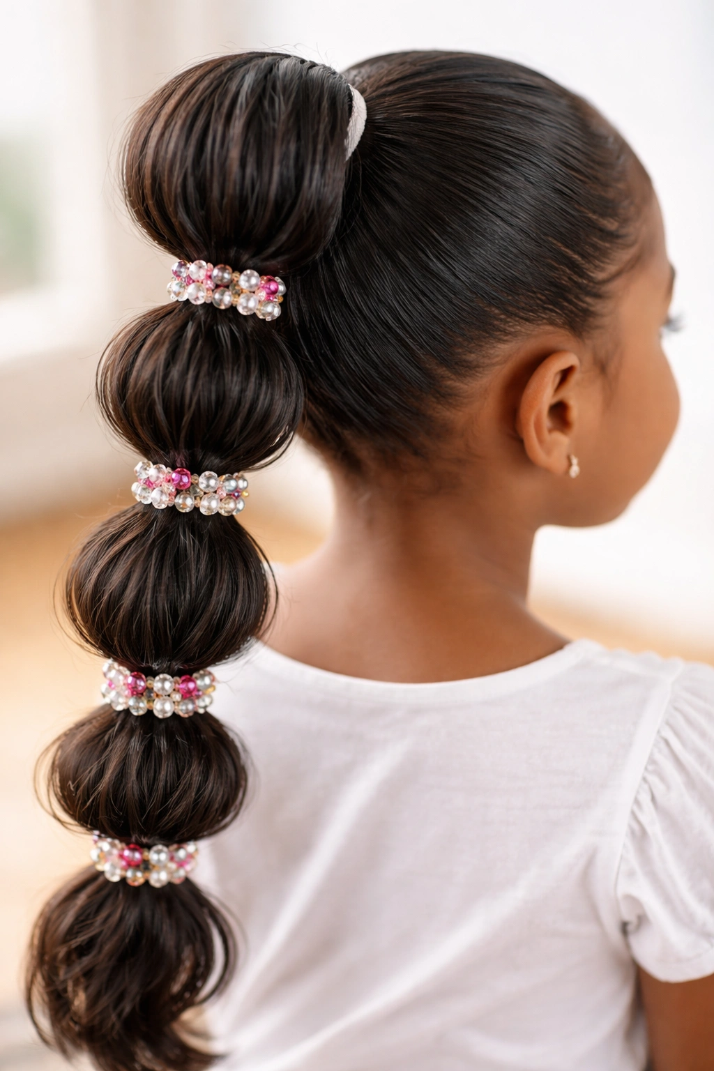 Close-up of a bubble ponytail with beaded knots along the segmented length.