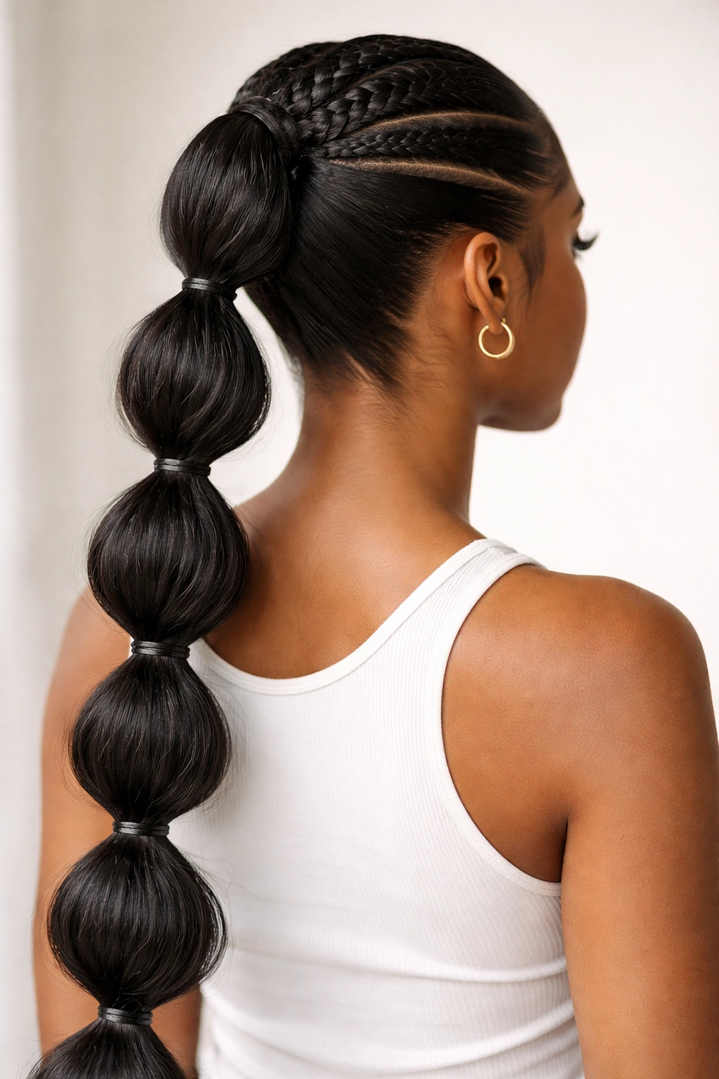 Back view of feed-in braid transitioning into a bubble ponytail with elastics
