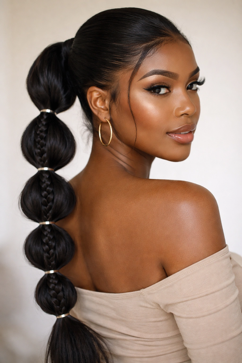 Bubble ponytail with braided sections along the length