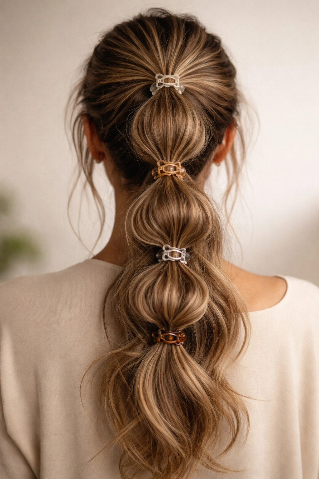 Back view of Artfully Messy Bubble Ponytail with Claw Clips showing segmented bubbles secured by multiple clips