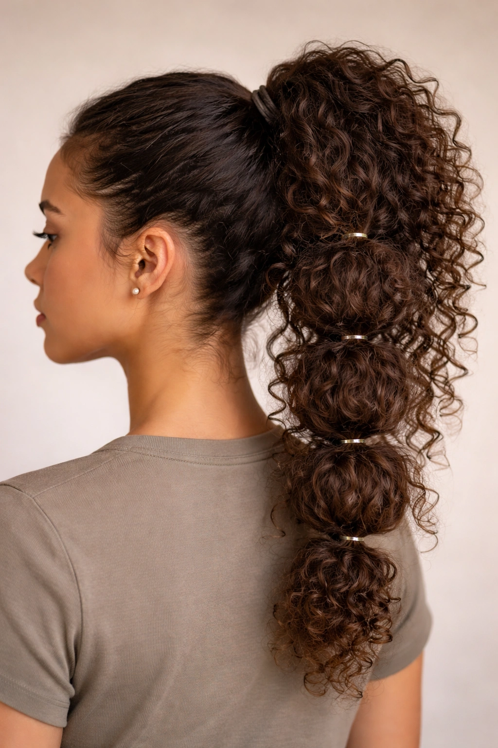 Close-up of a curly high ponytail with multiple bubble sections created by elastic bands