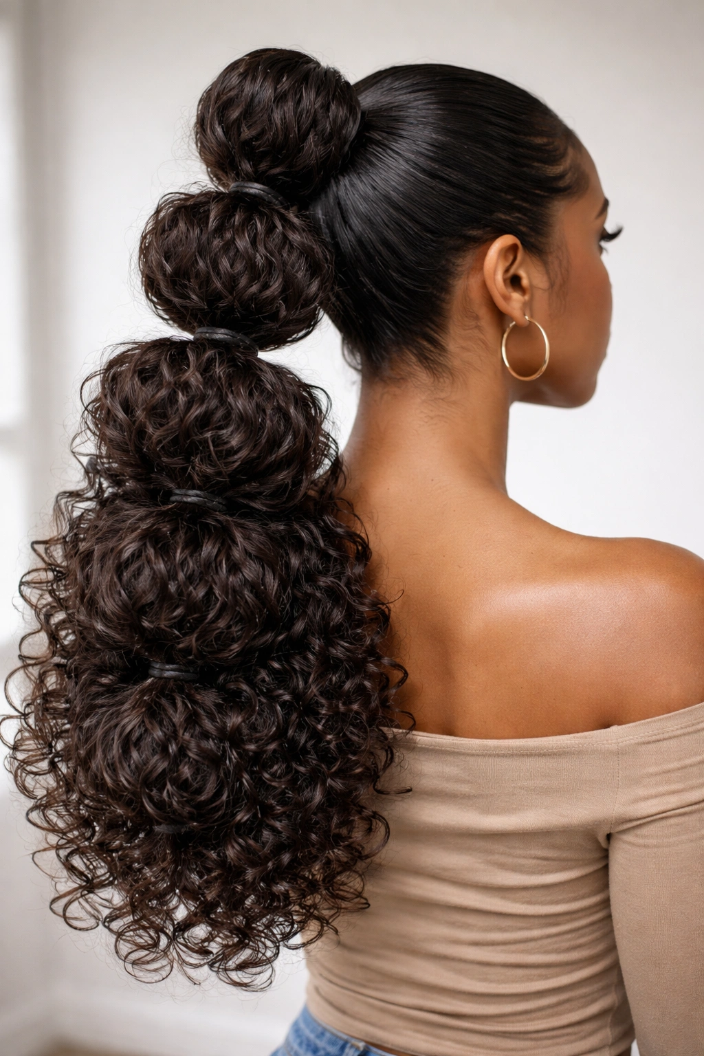 Voluminous bubble ponytail with defined elastic bubbles and curly texture