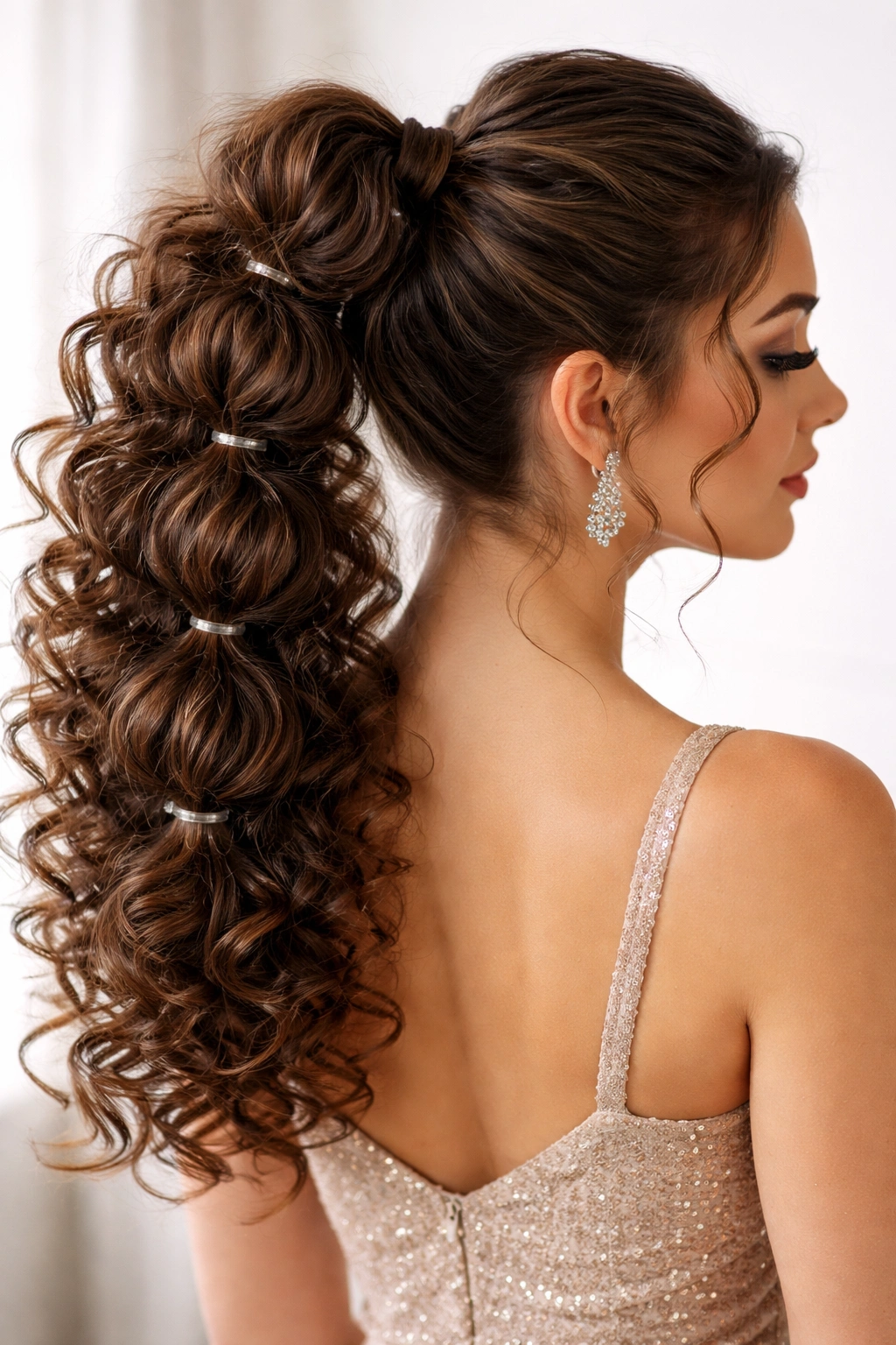 High ponytail with bubble segments in curly hair