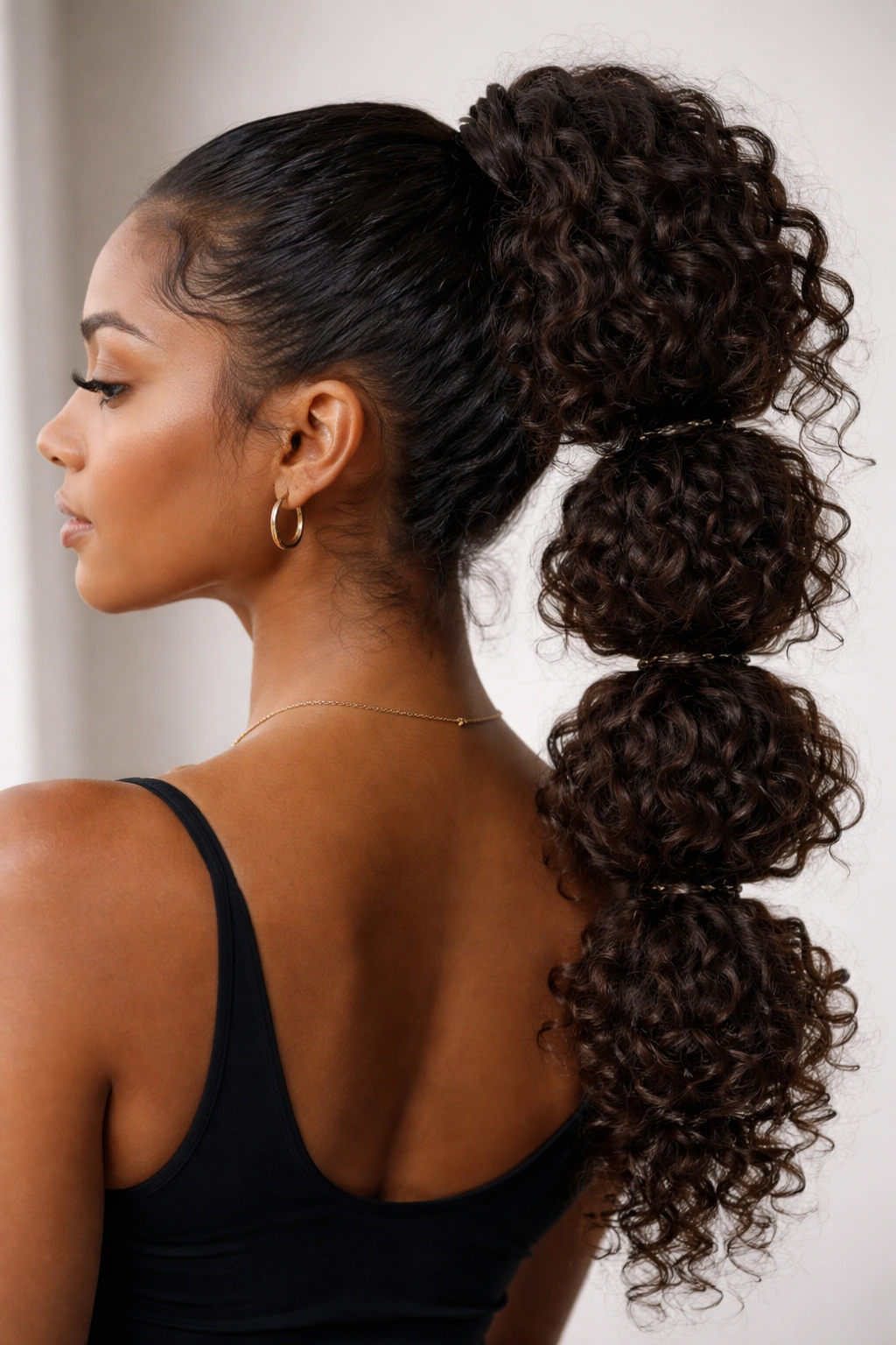 Close-up of a high bubble ponytail on curly hair, emphasizing texture and volume