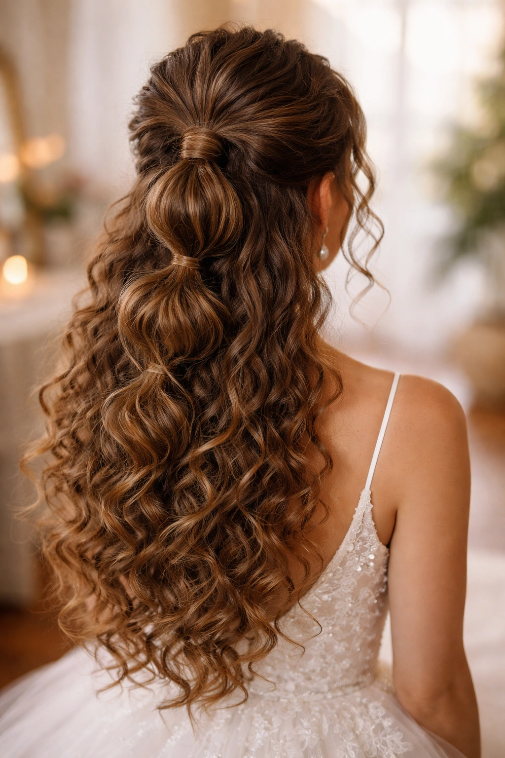 Close-up of a curly bride's half-up bubble ponytail with cascading curls.