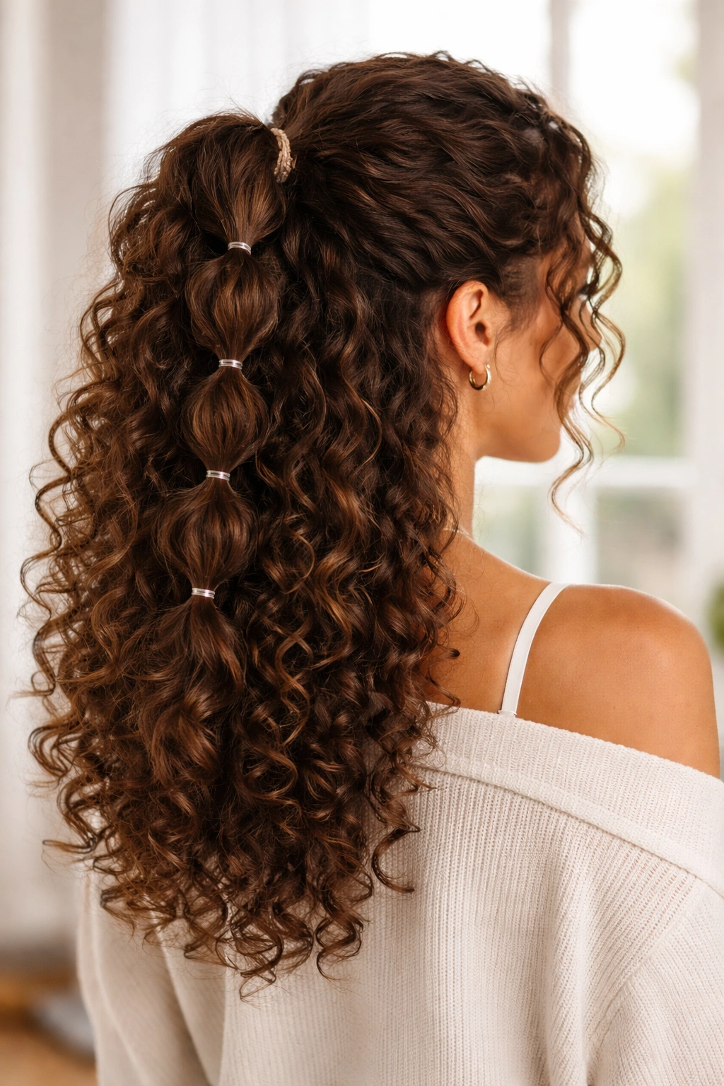 Curly hair half style featuring bubbly ponytail with elastic segments