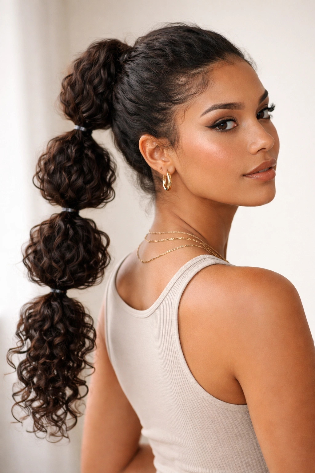 Bubble ponytail with defined curls in each segment