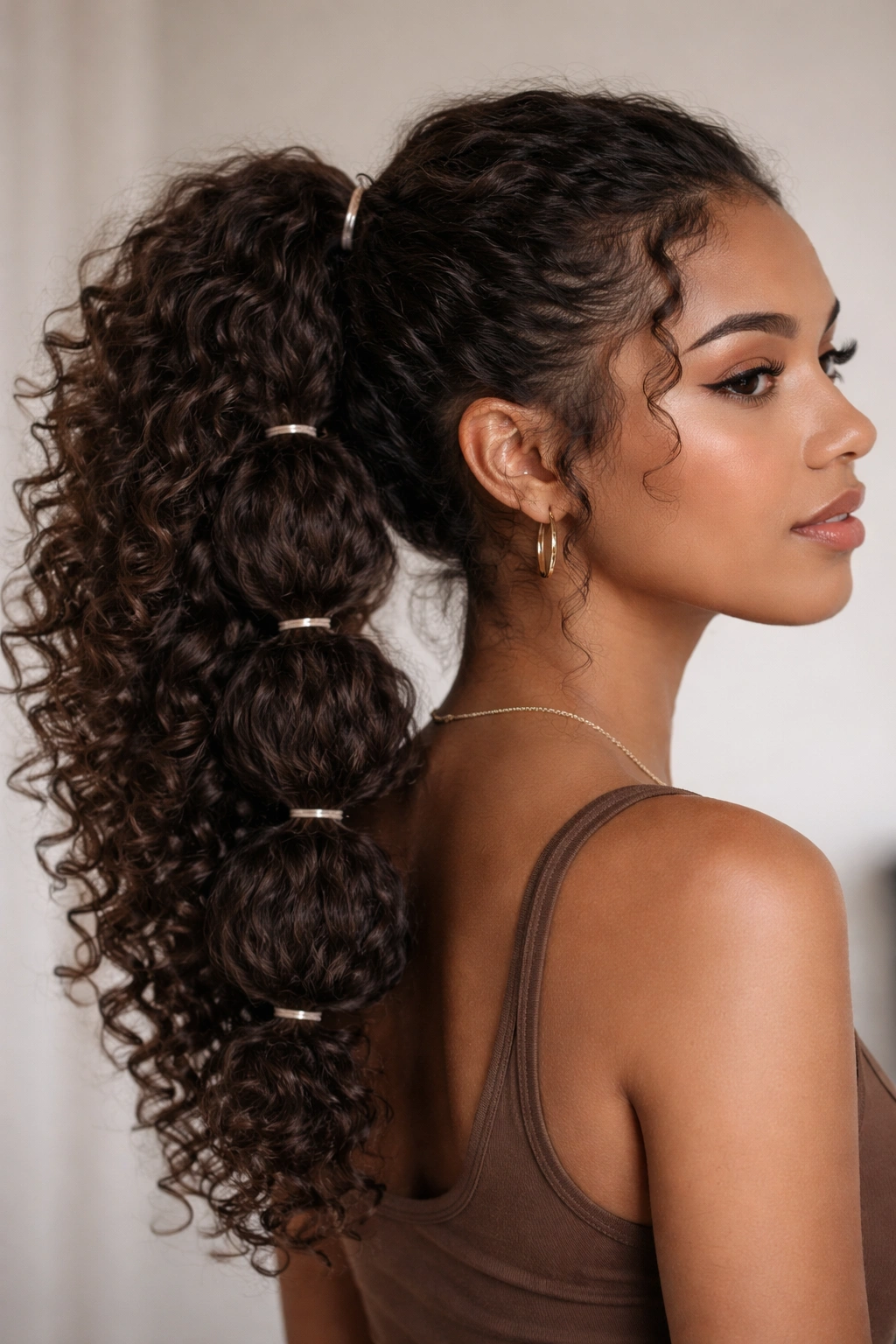 Close-up of a sectioned bubble ponytail showing defined curl sections with rubber bands