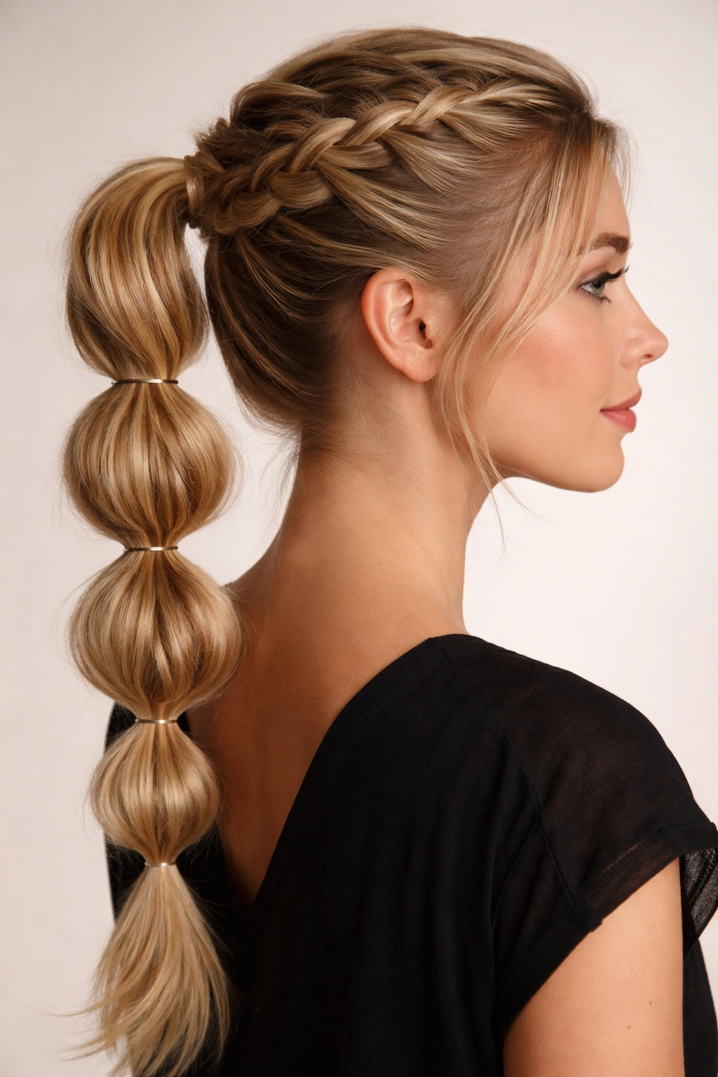 Side profile of Dutch braid with bubble ponytail segmented into bubbles.