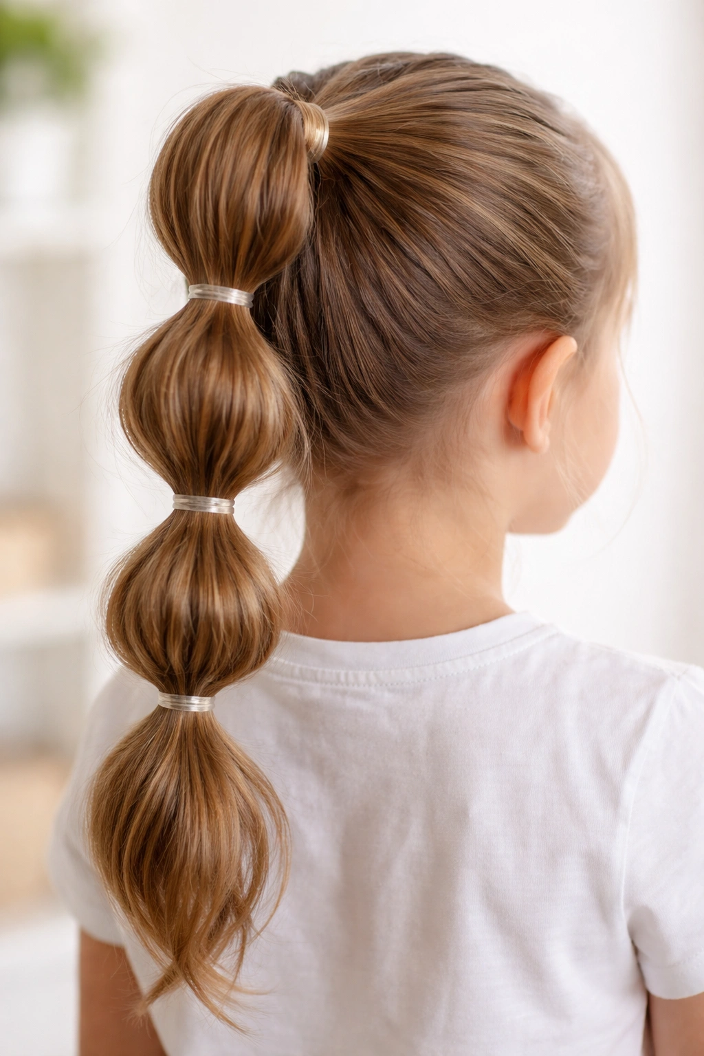 Bubble ponytail with multiple elastic sections creating bubble shapes