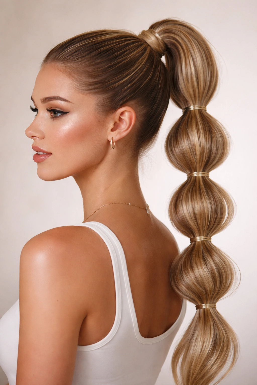 High bubble ponytail with multiple elastics forming bubble sections