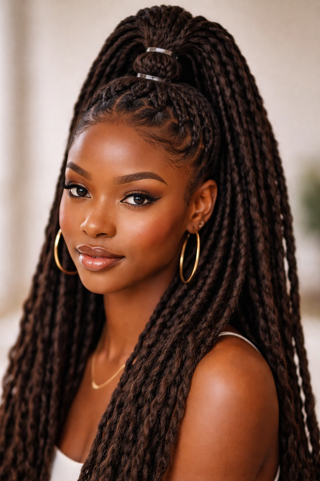 Close-up of half-up bubble ponytail with elastic bands creating bubble segments on locs.