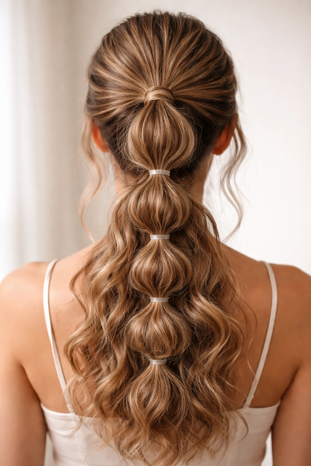 Back view close-up of a wavy bubble ponytail formed by elastic segments