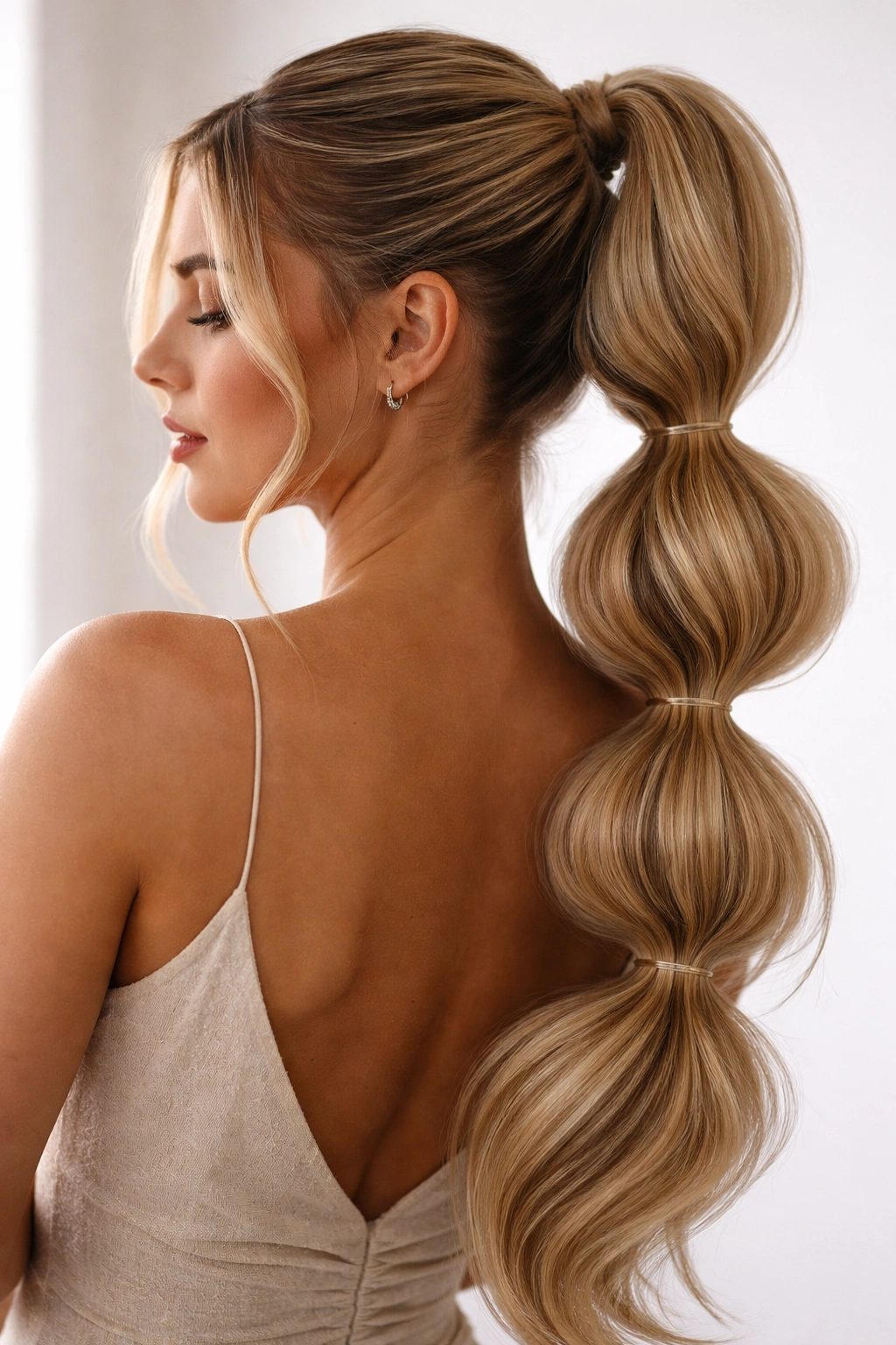 Bubble ponytail with segmented sections and extension for volume
