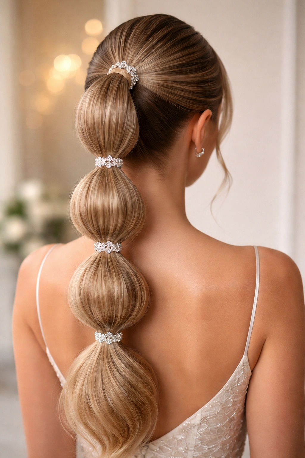 Bubble ponytail with gems along elastic lines