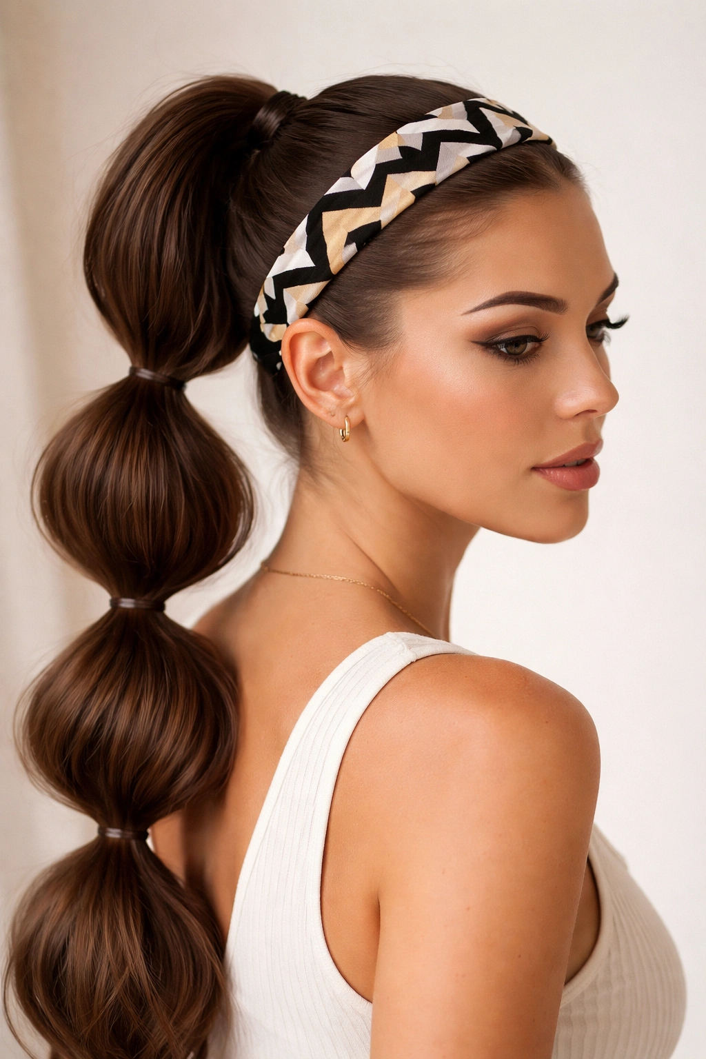 Bubble ponytail with geometric headband