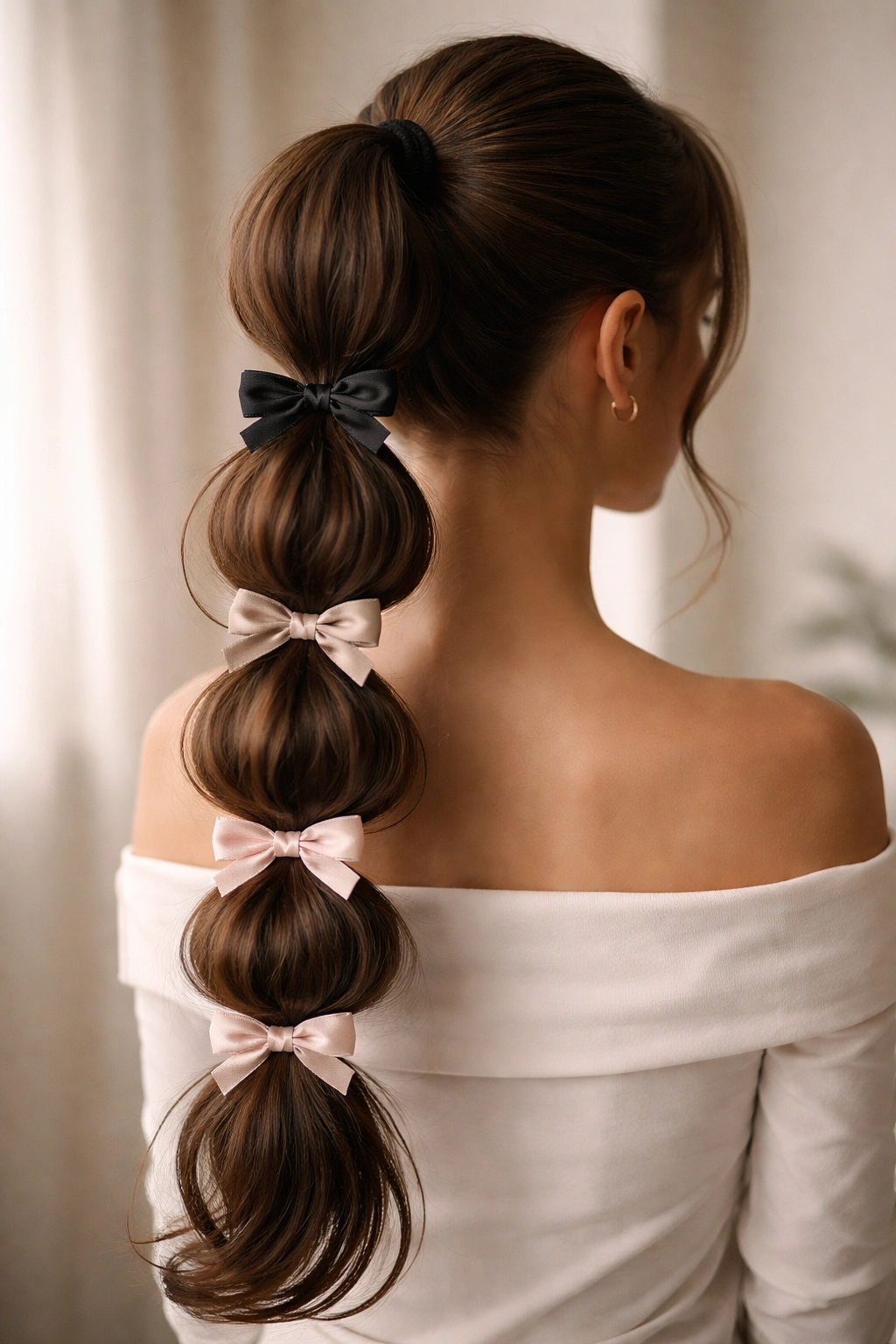 Bubble ponytail with graduated bows along the length