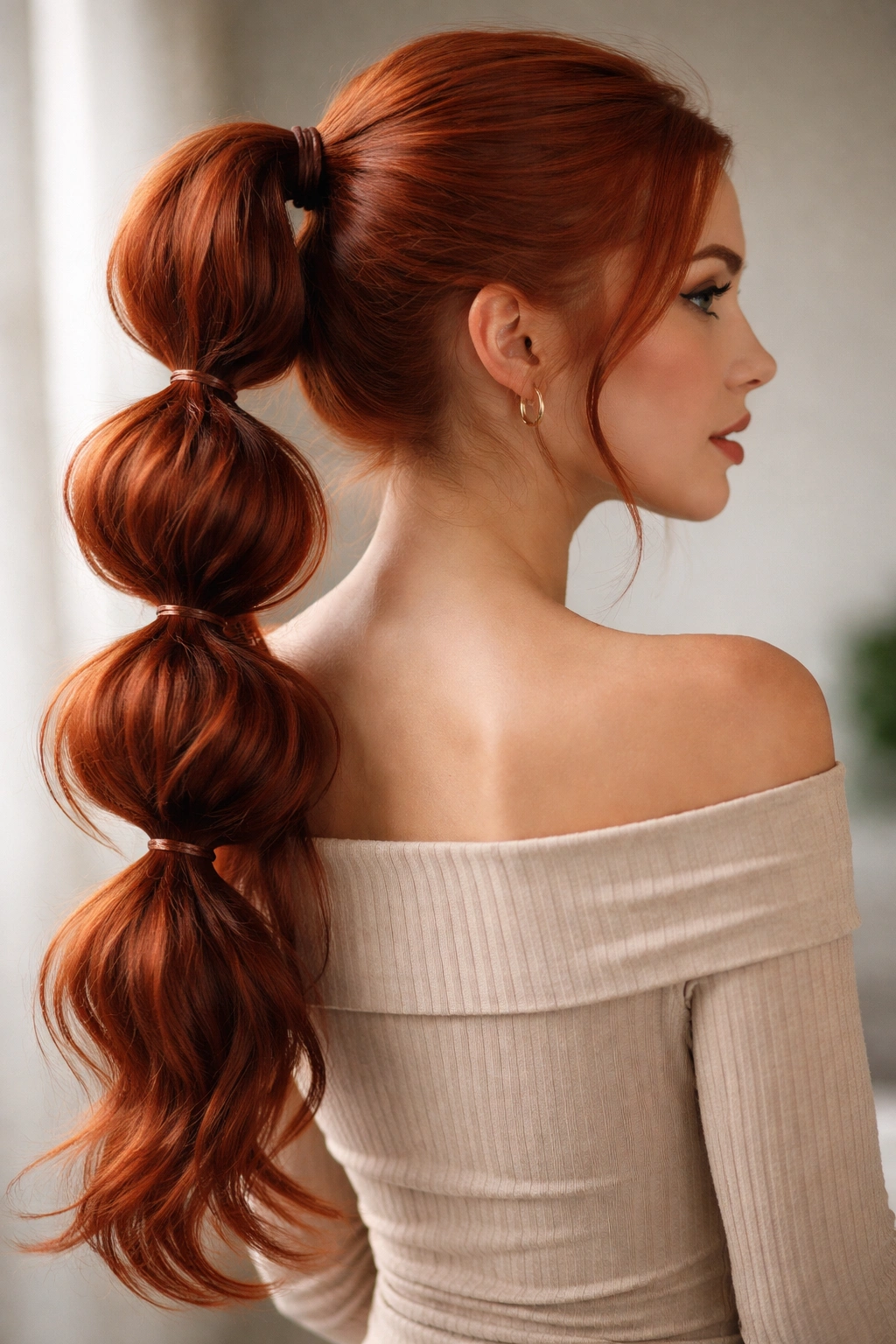 Mid-length view of a bubble ponytail with multiple elastics forming bubbles