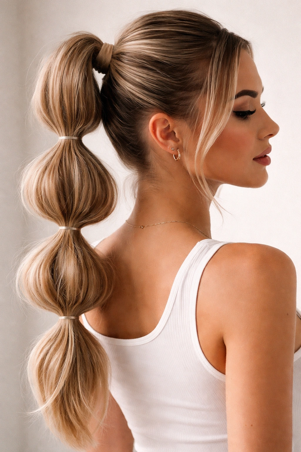 Close-up of bubble ponytail with multiple elastics forming rounded sections