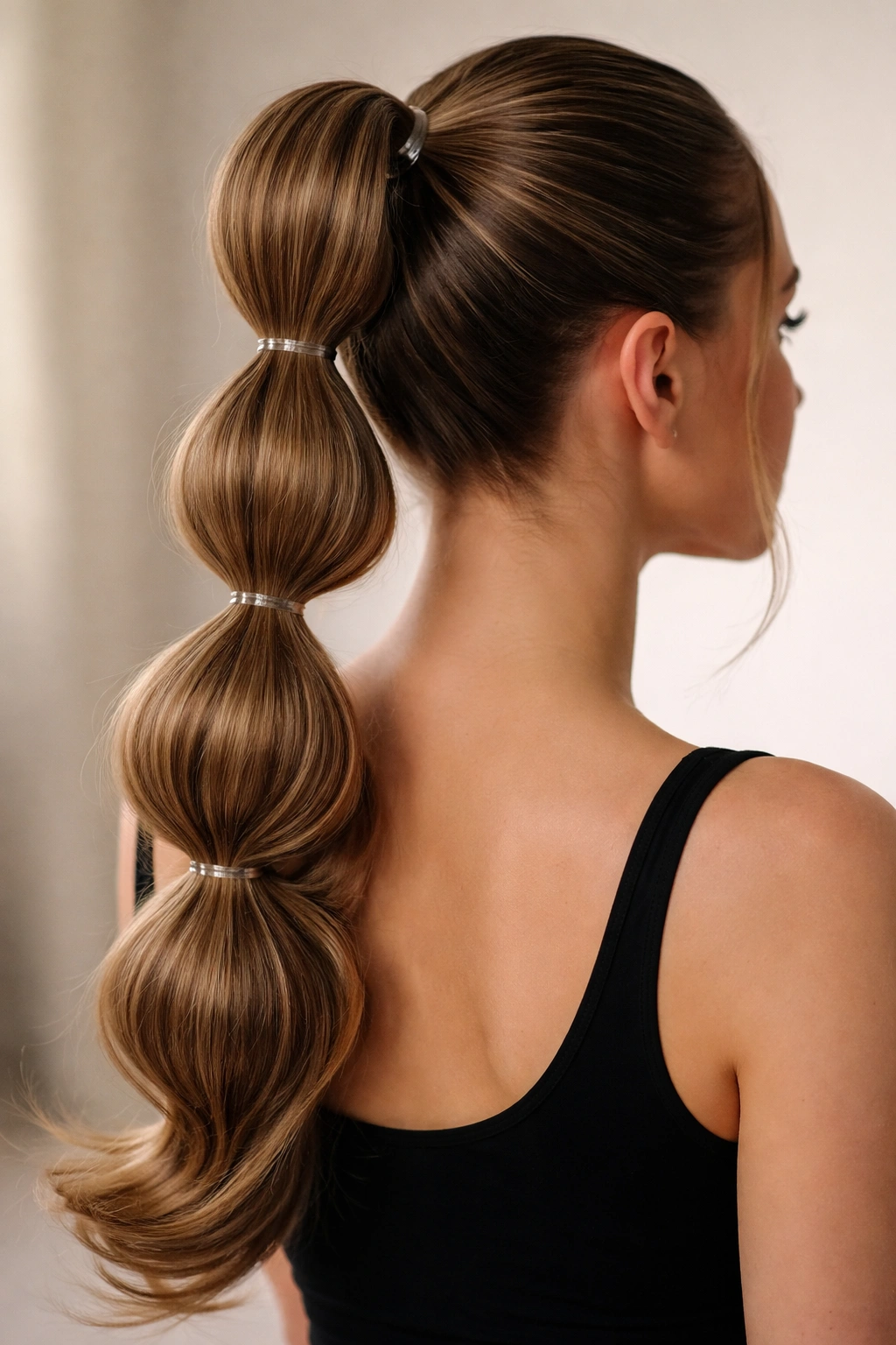 Close-up of Classic High Bubble Ponytail with evenly spaced bubbles at the crown
