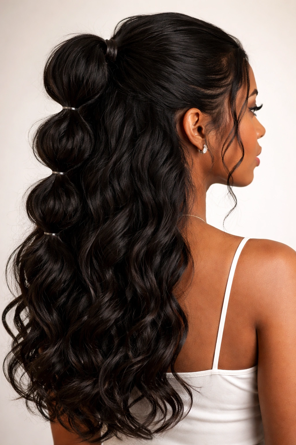 Back view of a half-up hairstyle with a bubbly ponytail on wavy hair.