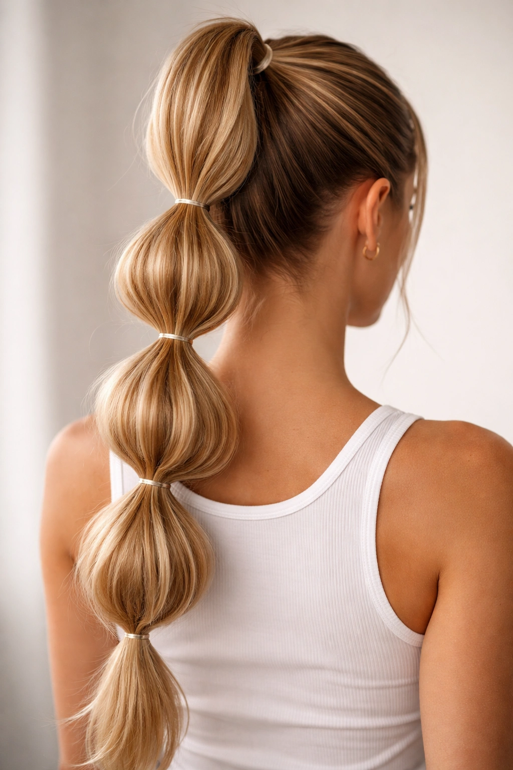 Back view of a high bubble ponytail with multiple elastic sections