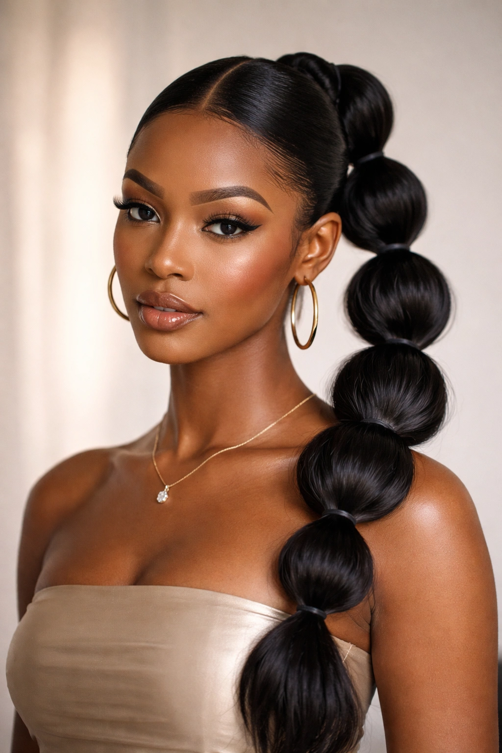 Close-up portrait of a Black woman with a bubble ponytail and middle part