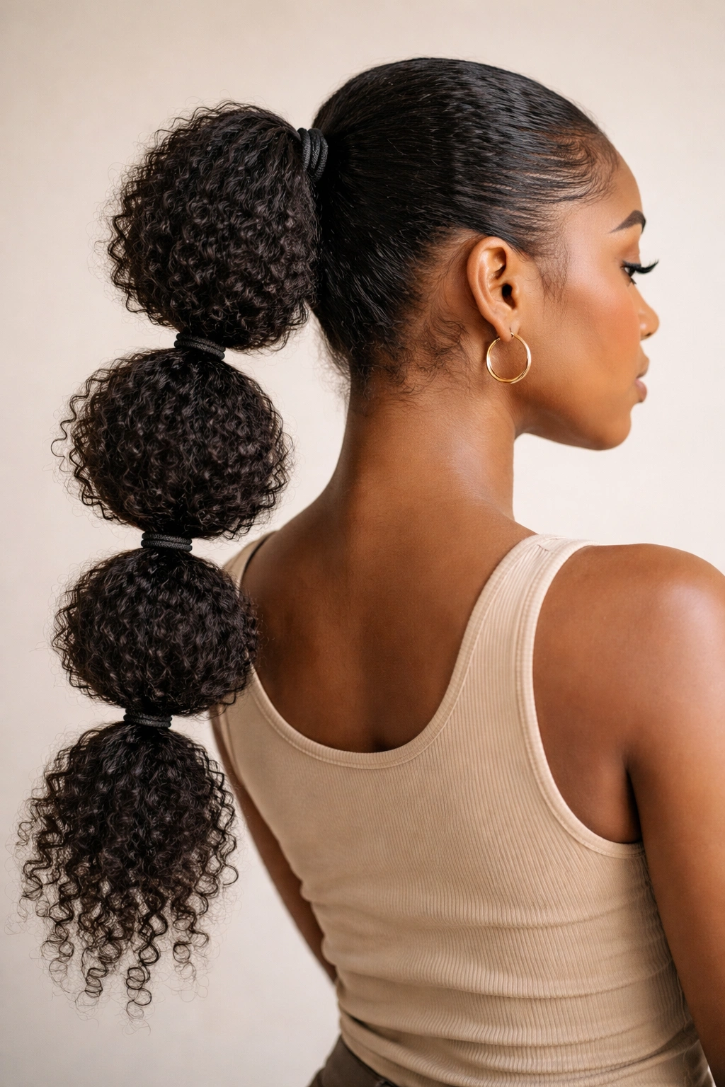 Bubble ponytail with segmented fluffy sections along the length