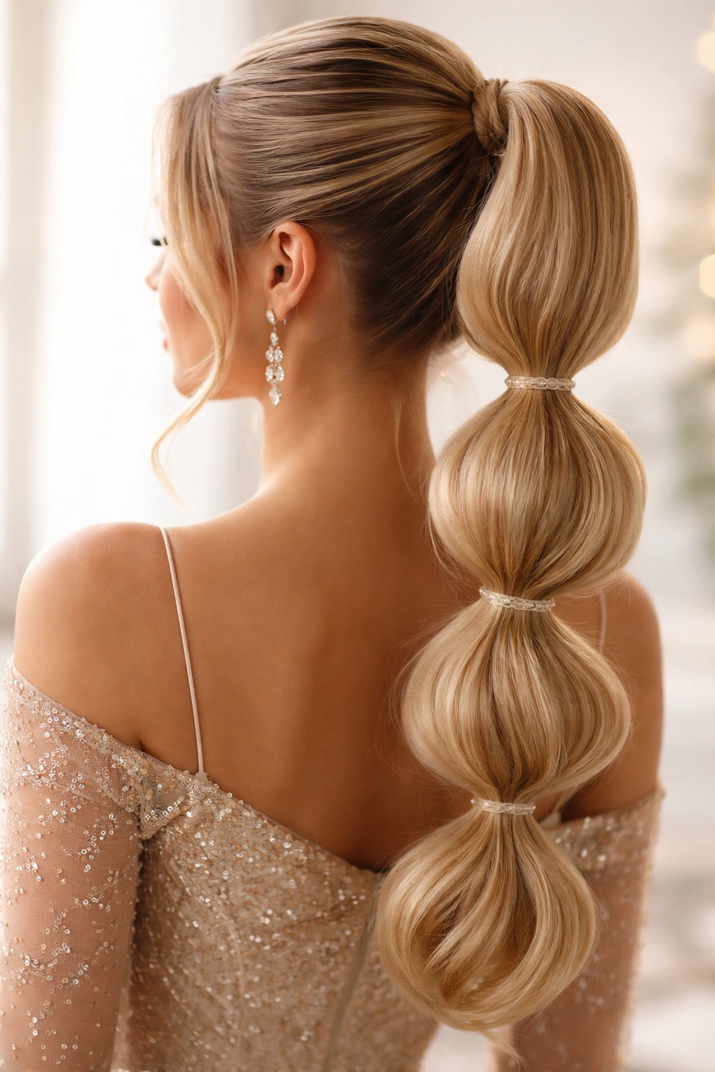 Ponytail with stacked bubbles along its length