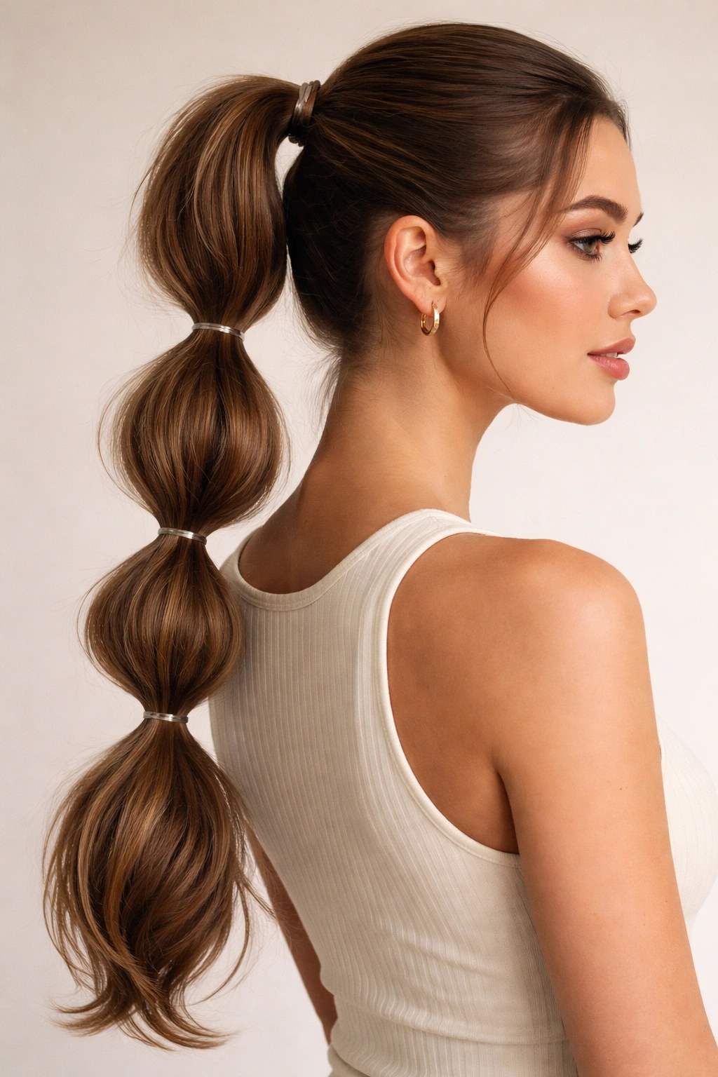 Ponytail with multiple bubble sections created by elastics